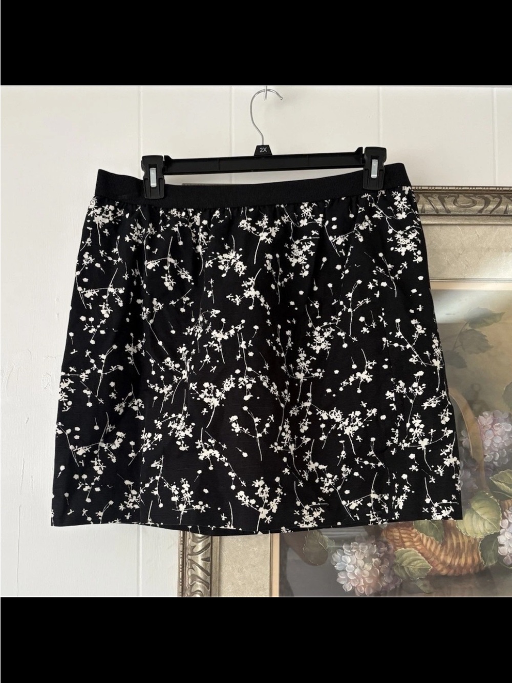 LOFT Black Mini Skirt with White Floral Sprig Print